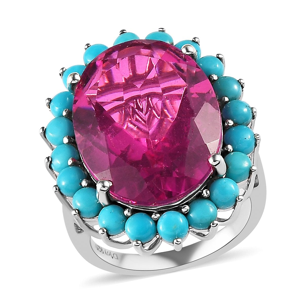 Radiant Orchid Quartz and American Natural Sleeping Beauty Turquoise Sunburst Ring in Platinum Over Sterling Silver (Size 10.0) 17.75 ctw (Delivered in 3-5 Business Days)