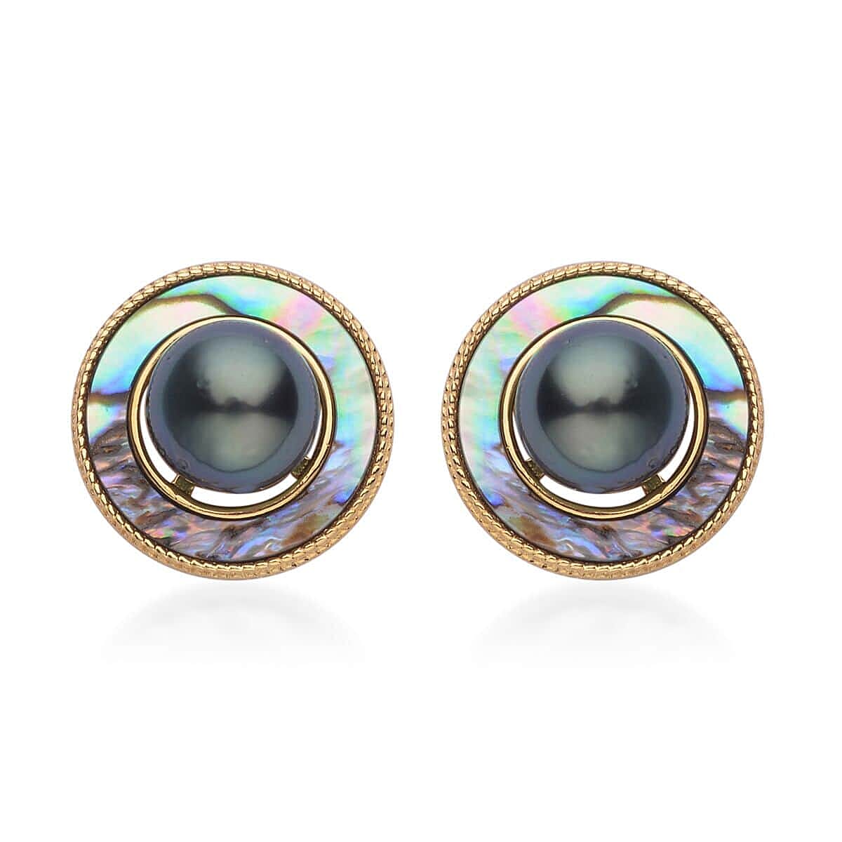 Tahitian Cultured Pearl and Abalone Shell Halo Stud Earrings in Vermeil Yellow Gold Over Sterling Silver