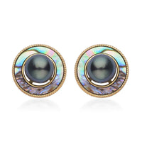 Tahitian Cultured Pearl and Abalone Shell Halo Stud Earrings in Vermeil Yellow Gold Over Sterling Silver
