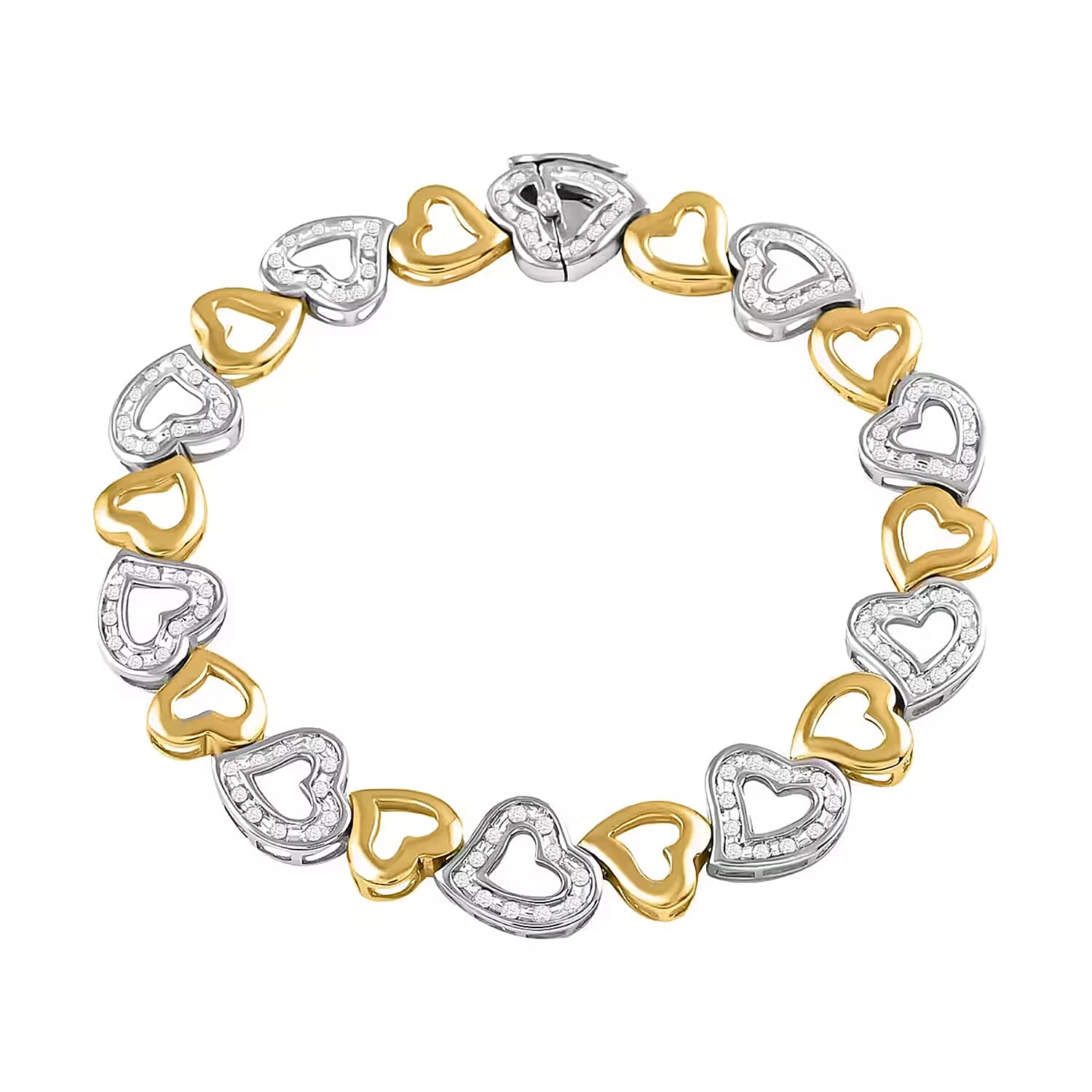 Closeout Diamond Bracelet in 14K Yellow Gold Plated Sterling Silver, Diamond Heart Bracelet (7.50 In) 1.00 ctw