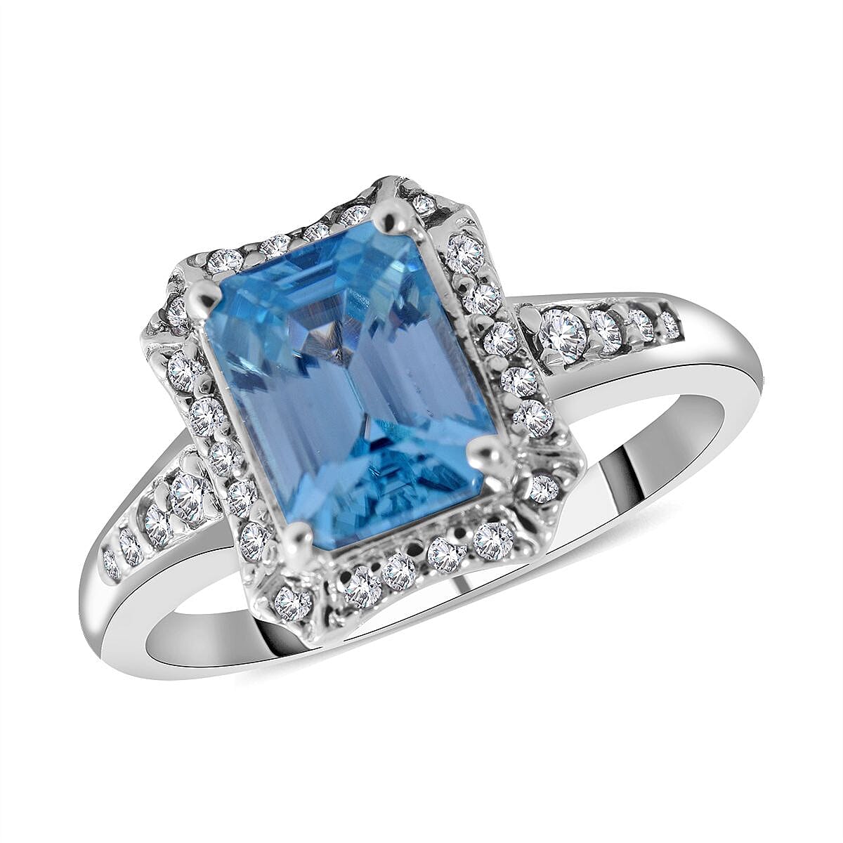 Premium Cambodian Blue Zircon and Natural White Zircon Halo Ring in Platinum Over Sterling Silver 2.40 ctw