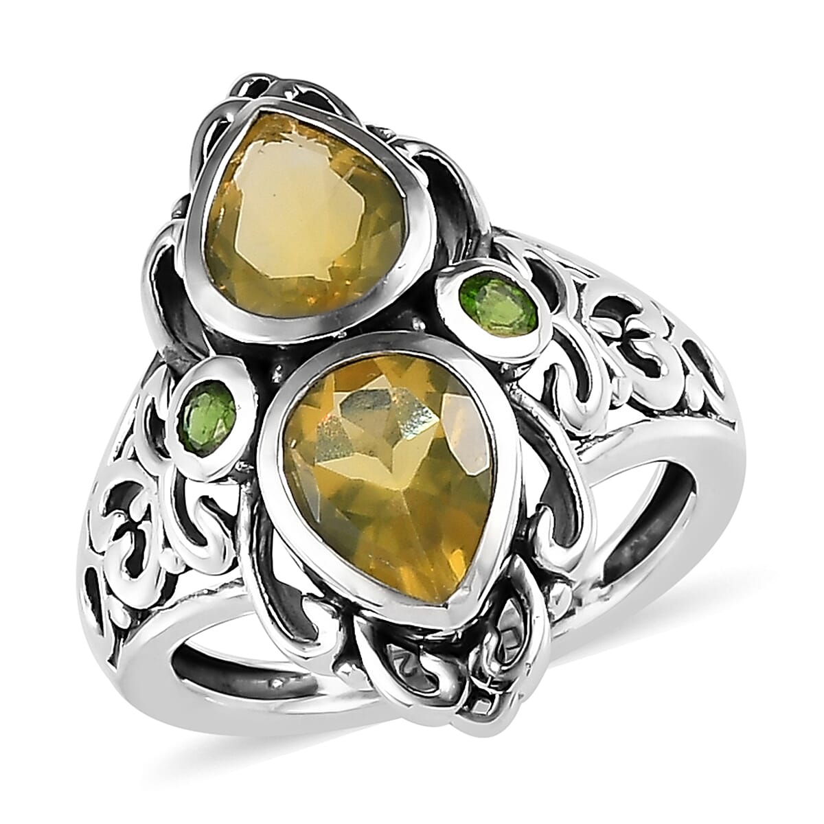 Artisan Crafted Tanzanian Natural Canary Opal and Natural Chrome Diopside Ring in Sterling Silver 1.65 ctw