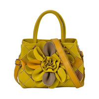Chaos Collection Yellow Flower Pattern Genuine Leather Tote Bag (10.5"x5"x8.27") with Handle Drop and Shoulder Strap