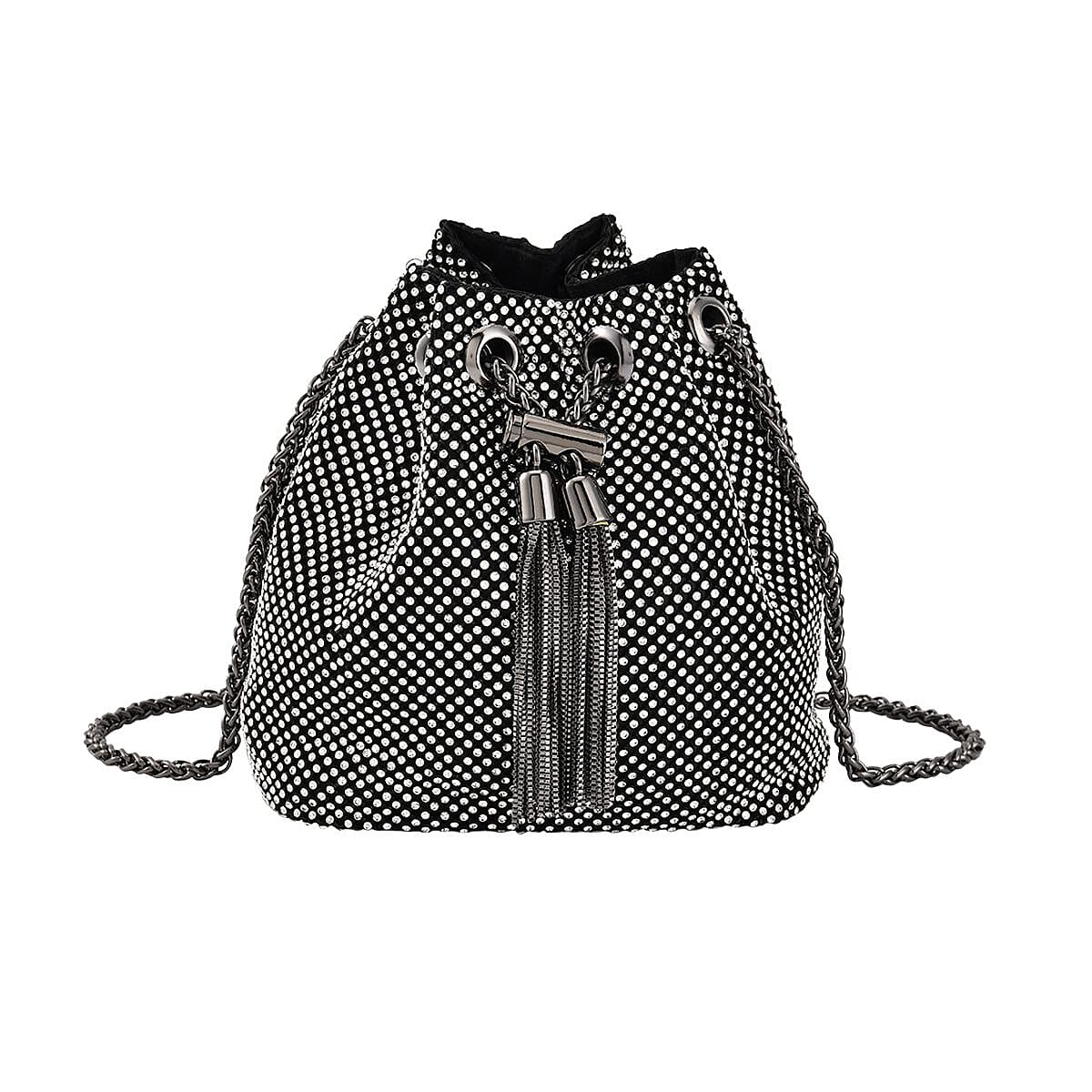 Black Iron & Crystal Sheeny Heart Shape Tassel Evening Clutch Bag (9.5"x6.7"x6.7")