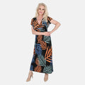 Tamsy Black Multi Tropical Waist Maxi Dress with Flutter Sleeve (13.7"X49") - Sticky add to cart bar