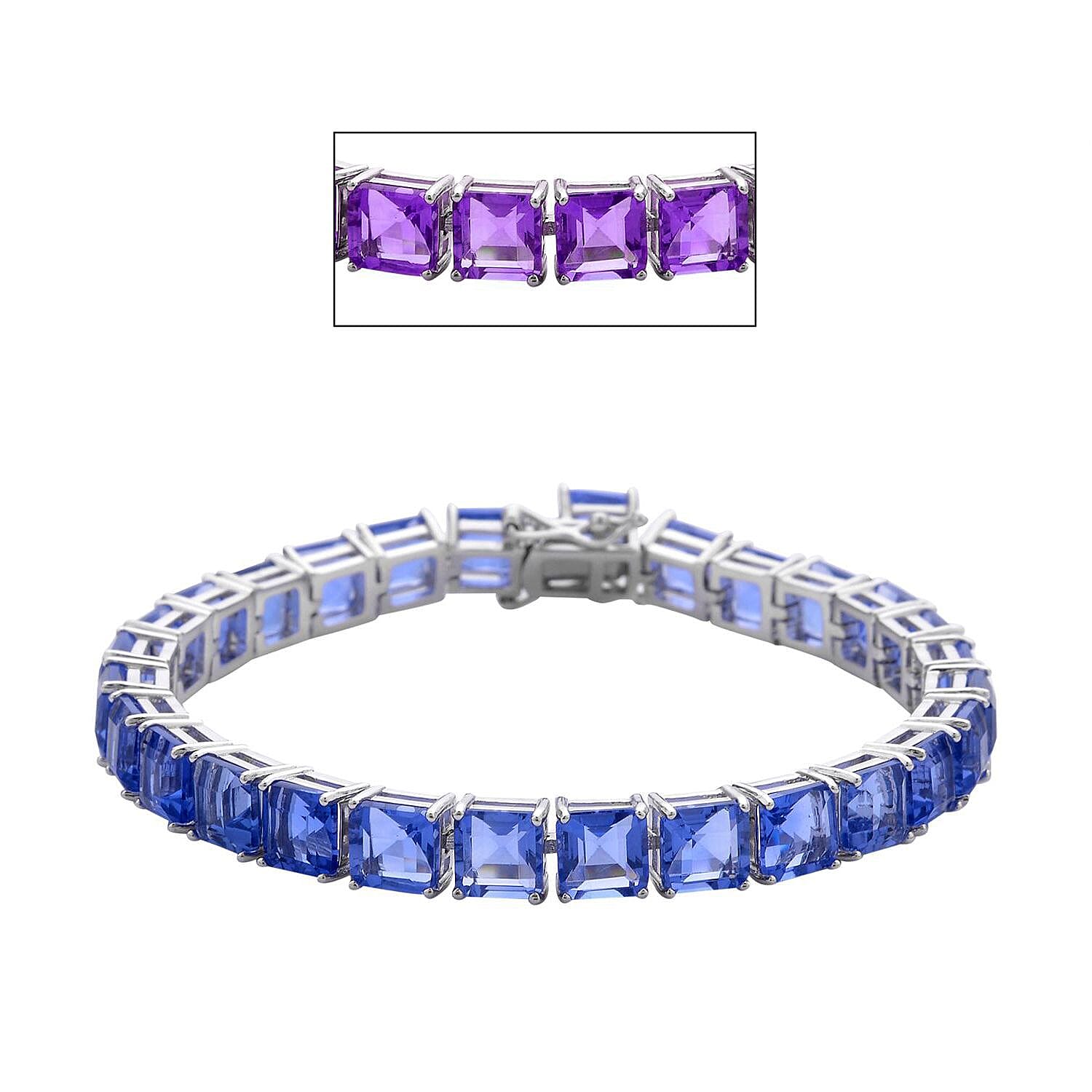 Asscher Cut Color Change Fluorite Tennis Bracelet in Rhodium Over Sterling Silver (6.50 In) 11.40 Grams 34.90 ctw