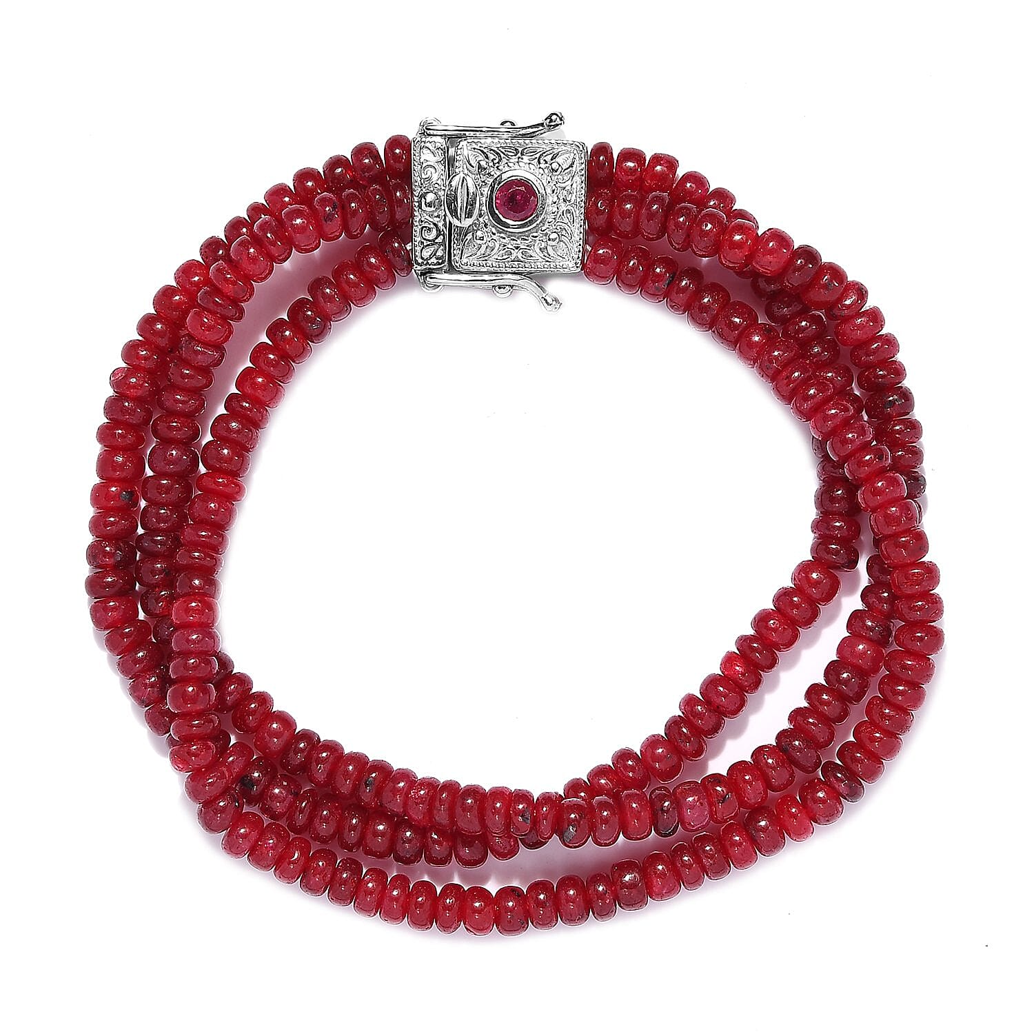 Doorbuster Niassa Ruby Three Layer Beaded Bracelet in Platinum Over Sterling Silver (7.25 In) 117.40 ctw