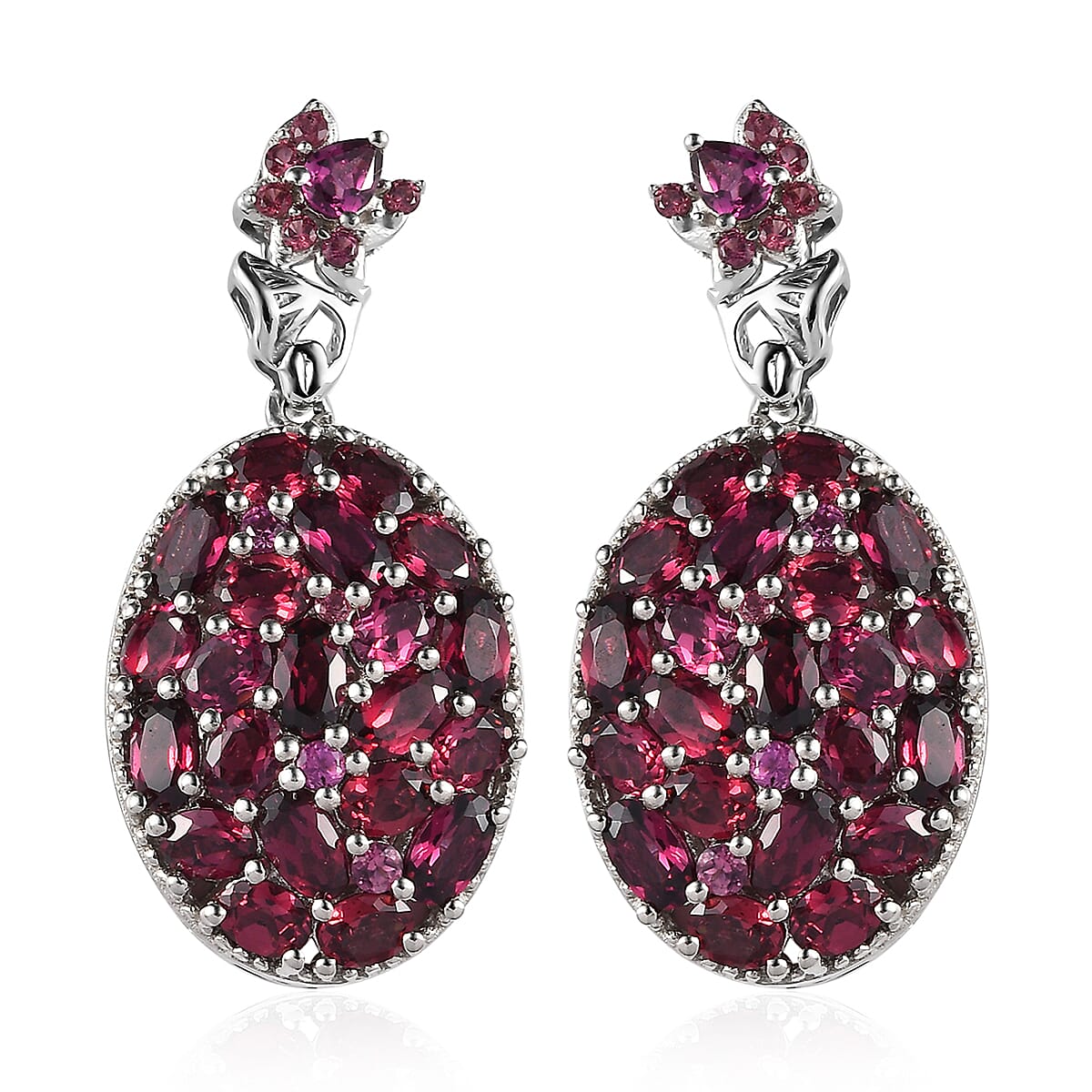 Orissa Rhodolite Garnet Oval Shape Cluster Earrings in Platinum Over Sterling Silver 11.35 ctw
