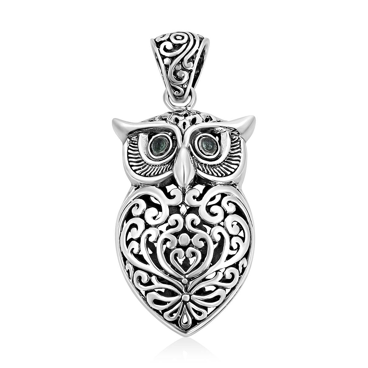BALI LEGACY Madagascar Blue Sapphire Owl Pendant in Sterling Silver 8.55 Grams 0.10 ctw