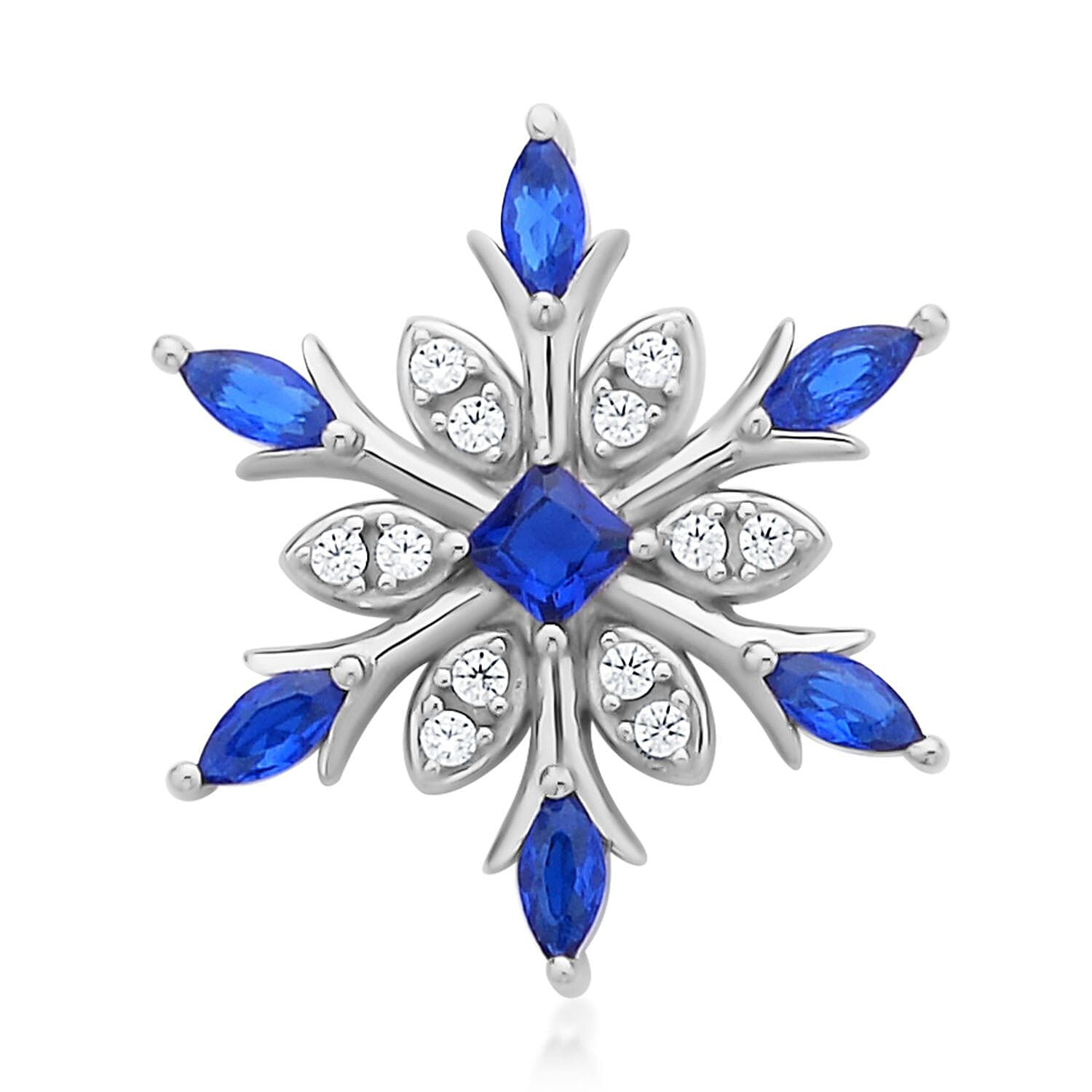 Simulated Blue and White Diamond Snowflake Pendant in Rhodium Over Sterling Silver 1.00 ctw