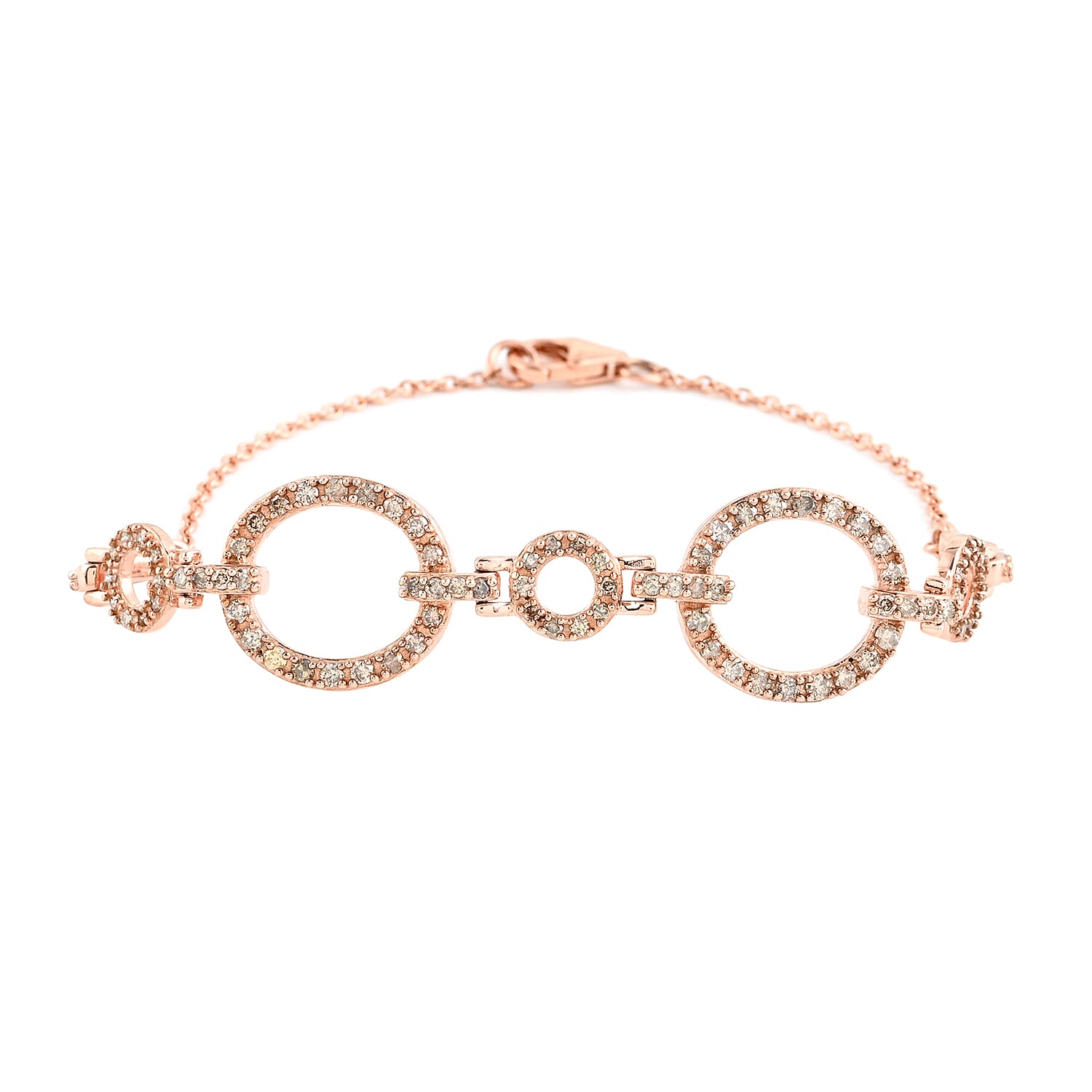 NY Closeout Natural Champagne Diamond Open Circle Bracelet in Vermeil Rose Gold Over Sterling Silver (7.50 In) 7.20 Grams 1.50 ctw