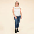 Tamsy White and Gold Cropped Tank with Tassel Trim - M - Sticky add to cart bar