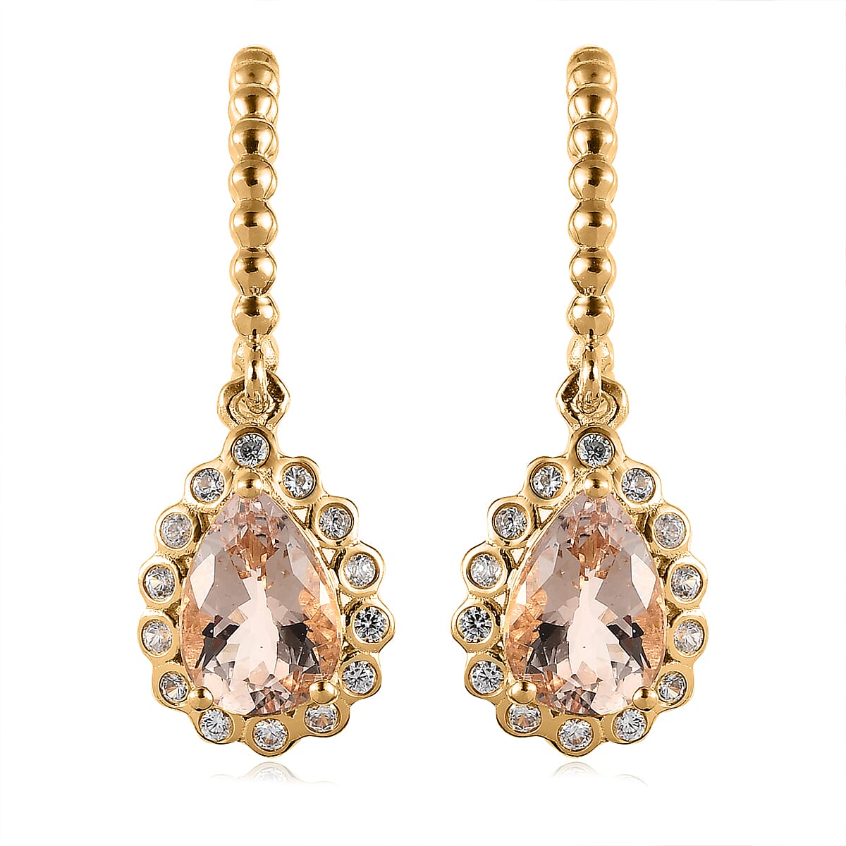 Pink Morganite and White Zircon Floral Pear Shaped Earrings in Vermeil YG Over Sterling Silver 3.75 ctw