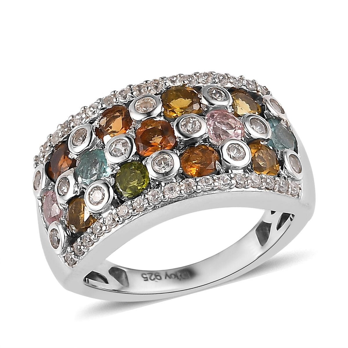 Multi-Tourmaline, Natural White Zircon Ring in Platinum Over Sterling Silver (Size 10.0) 2.10 ctw