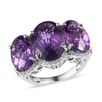 Checkerboard Cut Premium African Amethyst, White Zircon Ring in Rhodium Over Sterling Silver (Size 5.0) 12.15 ctw