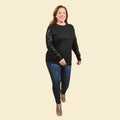 TAMSY Black 100% Cotton Knitted Fleece Sweat Shirt with Sequin Sleeves Size - L - Sticky add to cart bar