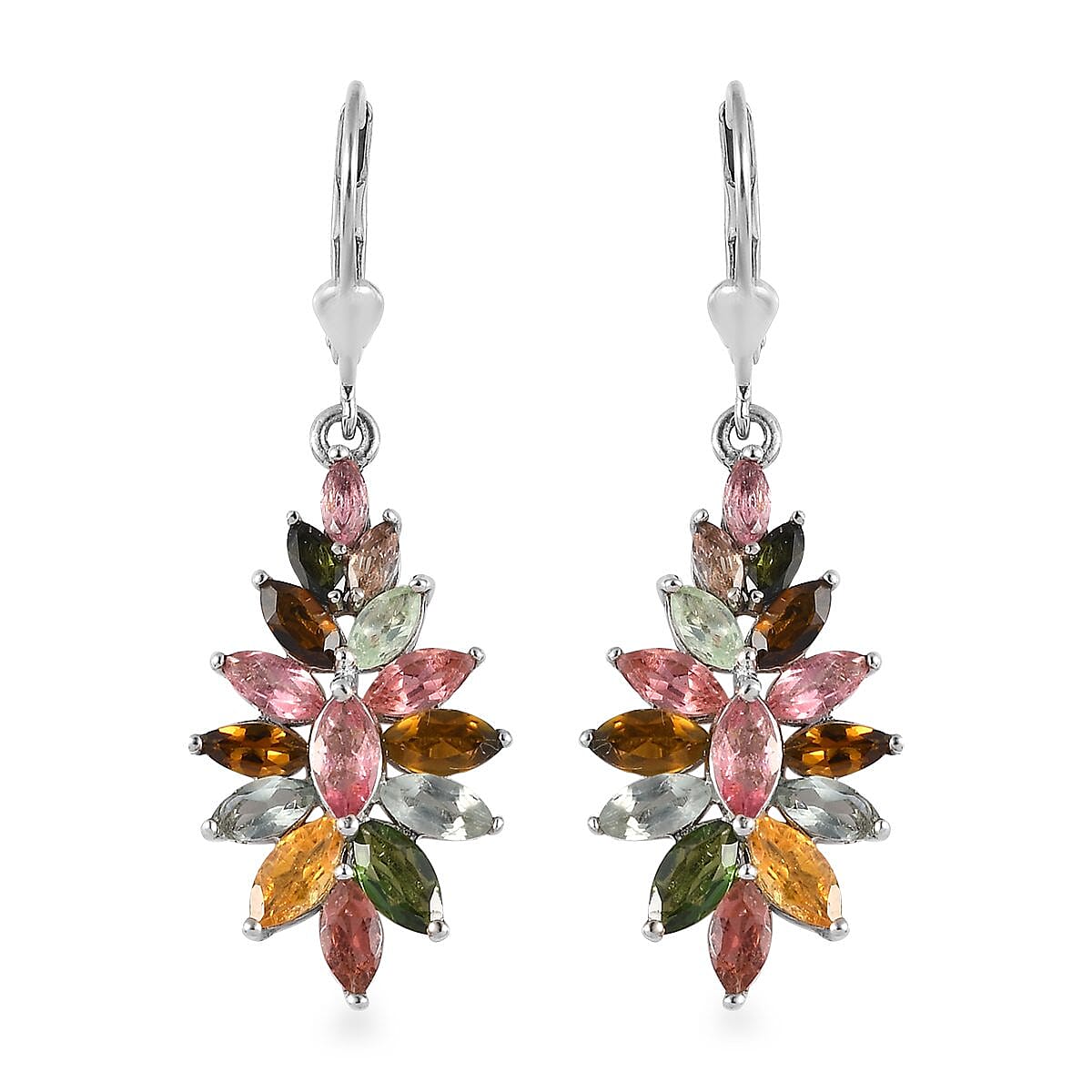 Jardin Collection Multi-Tourmaline Floral Spray Earrings in Platinum Over Sterling Silver 4.50 ctw