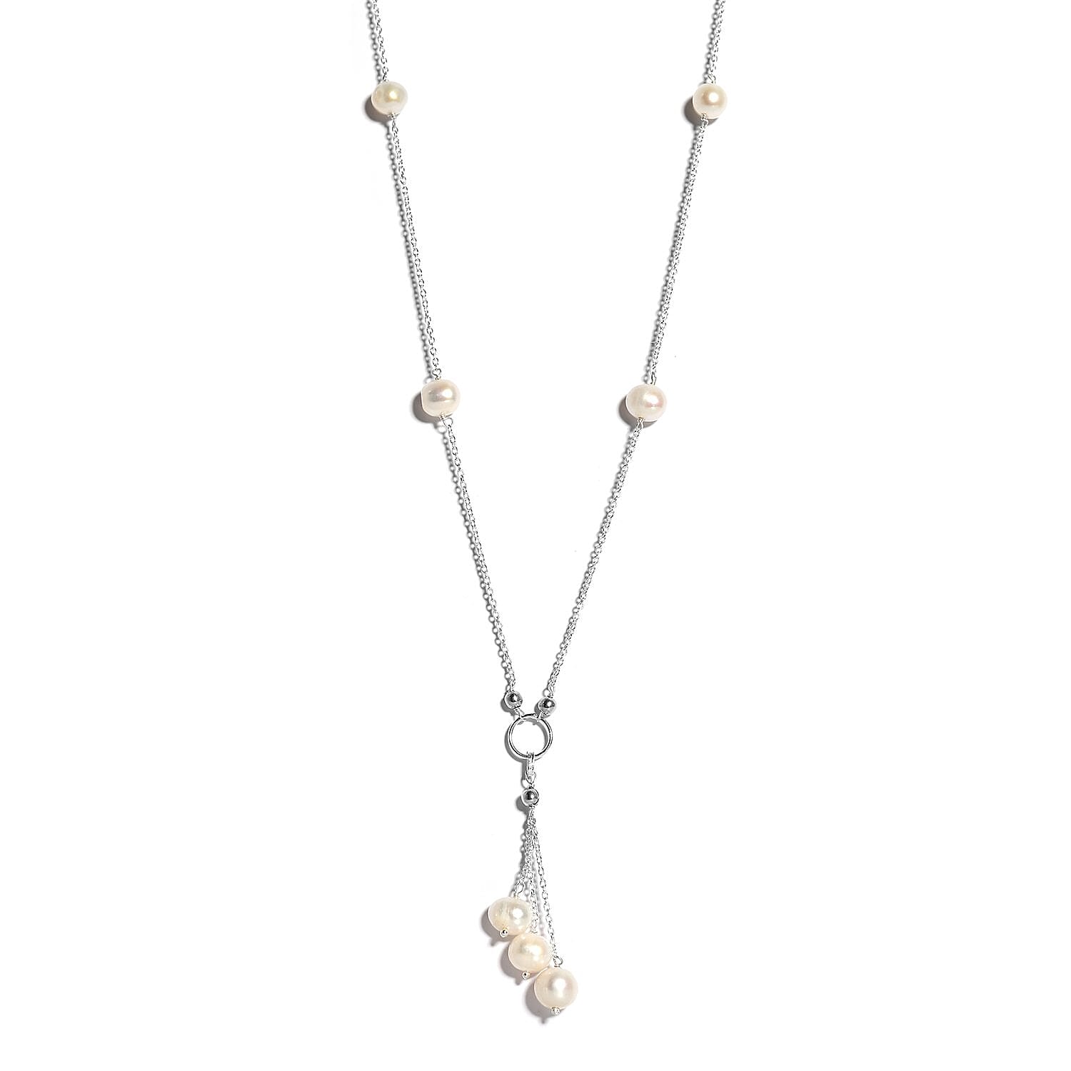 White Freshwater Pearl Station Necklace 20 Inches in Sterling Silver 25.90 ctw