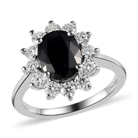 Midnight Sapphire and Moissanite Sunburst Ring in Platinum Over Sterling Silver 3.25 ctw