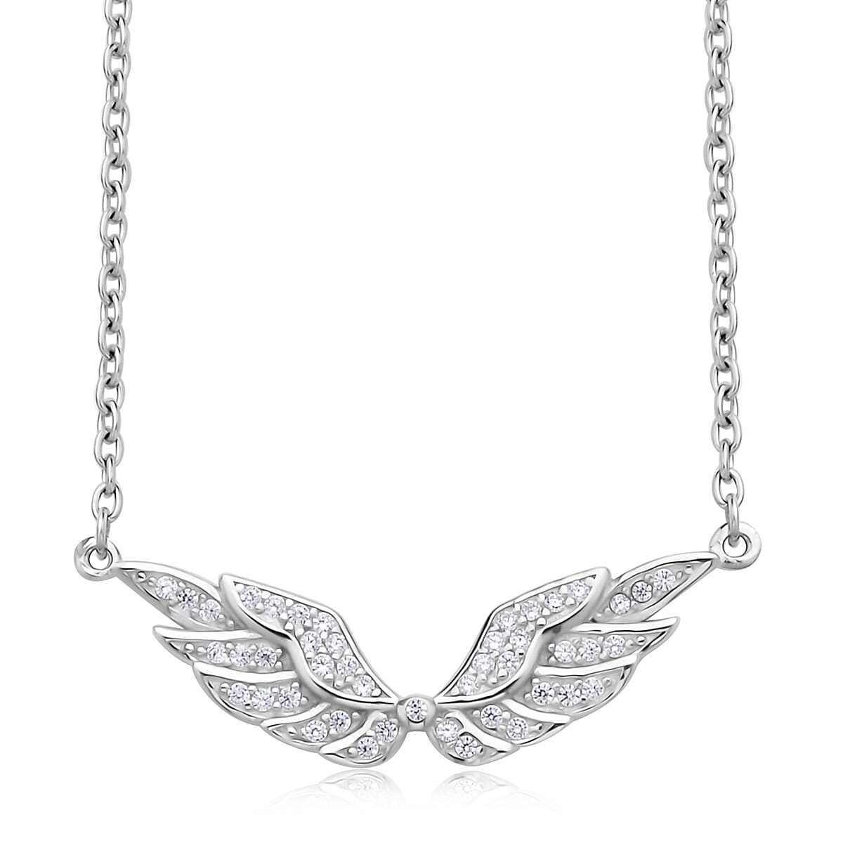Simulated Diamond Angel Wing Necklace 20 Inches in Rhodium Over Sterling Silver 0.30 ctw