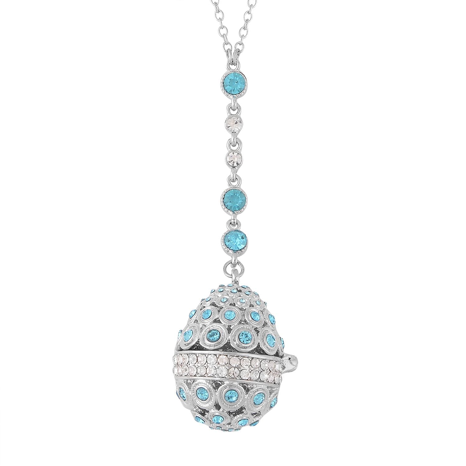 Blue and White Austrian Crystal Easter Egg Necklace (23.5 Inches) in Silvertone