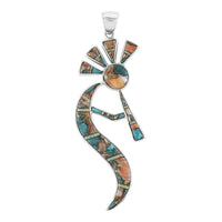 SANTA FE Style Turquoise and Mother Of Pearl Kokopelli Pendant in Sterling Silver 10.40 Grams 4.50 ctw