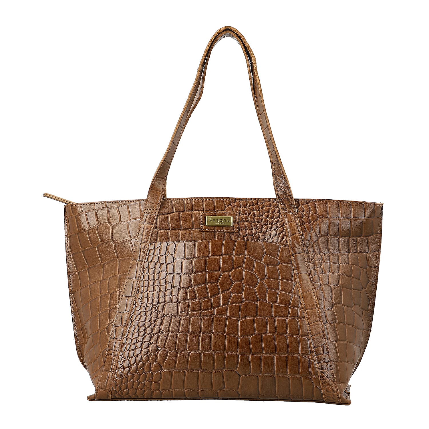 100% Genuine Leather Croco Embossed Tote Bag Color:Tan  15.75L X 10.62H X 4.13W Inch