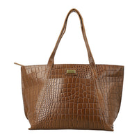 100% Genuine Leather Croco Embossed Tote Bag Color:Tan  15.75L X 10.62H X 4.13W Inch