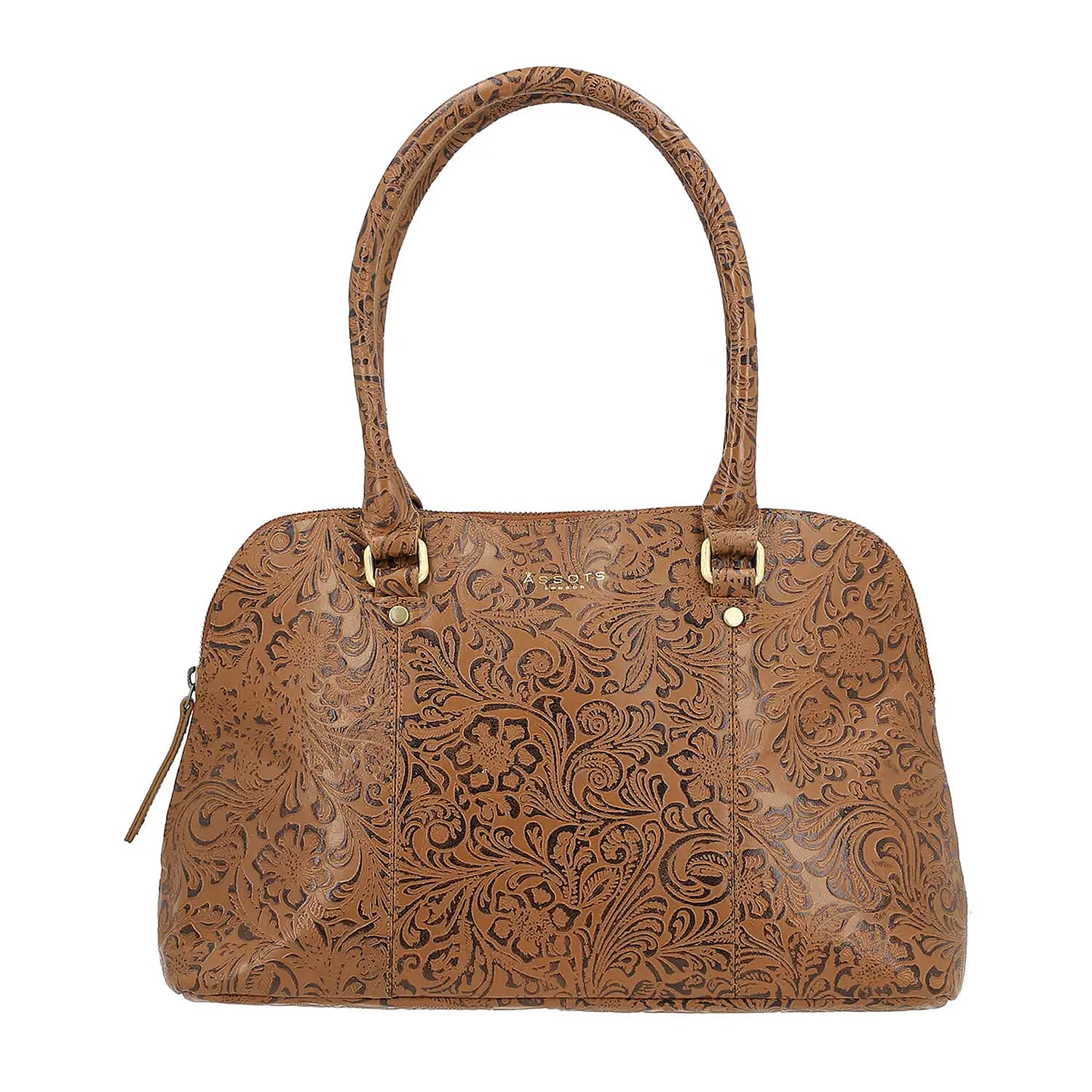 100% Genuine Leather floral embossed Satchel Shoulder Bag  Color:Black  14L X 9.5H X 4.75W Inch