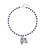 Lapis Lazuli, White and Black Austrian Crystal Owl Couple Necklace 18-20 Inches in Silvertone 90.00 ctw