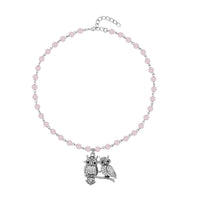 Lapis Lazuli, White and Black Austrian Crystal Owl Couple Necklace 18-20 Inches in Silvertone 90.00 ctw
