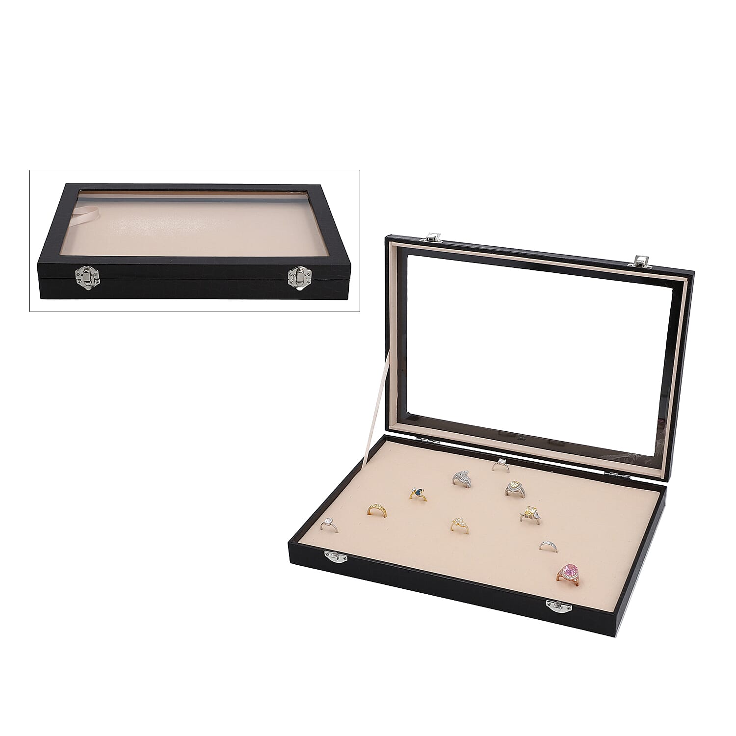 Black Leatherette Paper 100 Slot Ring Box with Anti Tarnish Lining & Latch Clasp (13.8"x9.4"x2.16")
