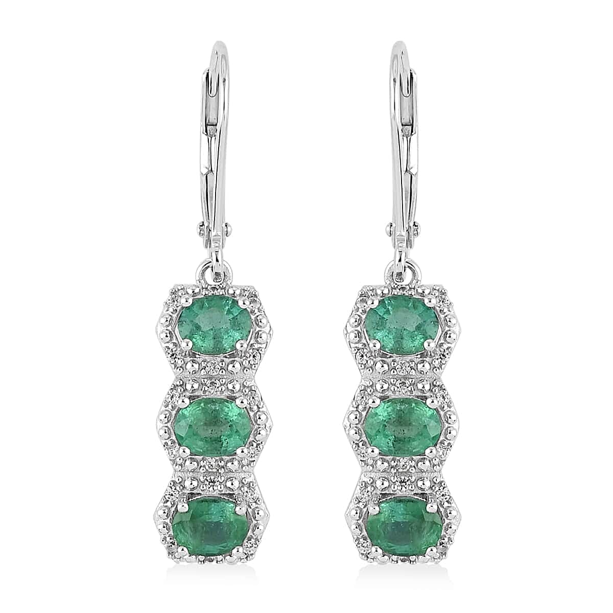AAA Kagem Emerald and White Zircon Dangle Earrings in Rhodium Over Sterling Silver 2.25 ctw