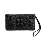 Black Croc Embossed Genuine Leather Wallet (8.3"x1.2"x4.7") with Single Zipped and Handle Drop