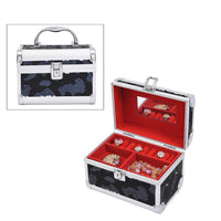 Black and Silver 2 Layer Jewelry Organizer with Sequin Surface, Indise Mirror, Handle and Metallic Lock with Key (7.48"x5.12"x5.51")