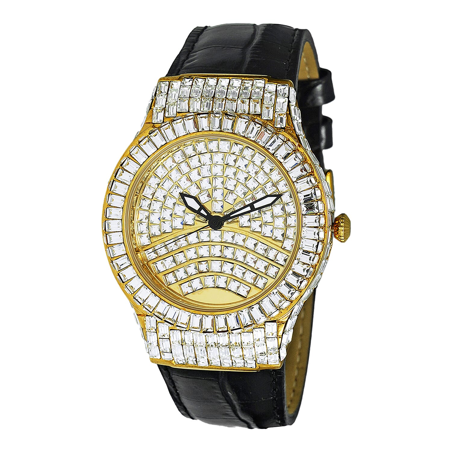 ADEE KAYE Austrian Crystal Japan Quartz Movement Goldtone Dial Watch in Black Leather Band (26 mm)