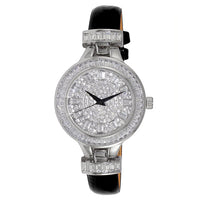 ADEE KAYE Austrian Crystal Japanese Movement Watch in Silvertone and Black Leather Strap (33 mm)