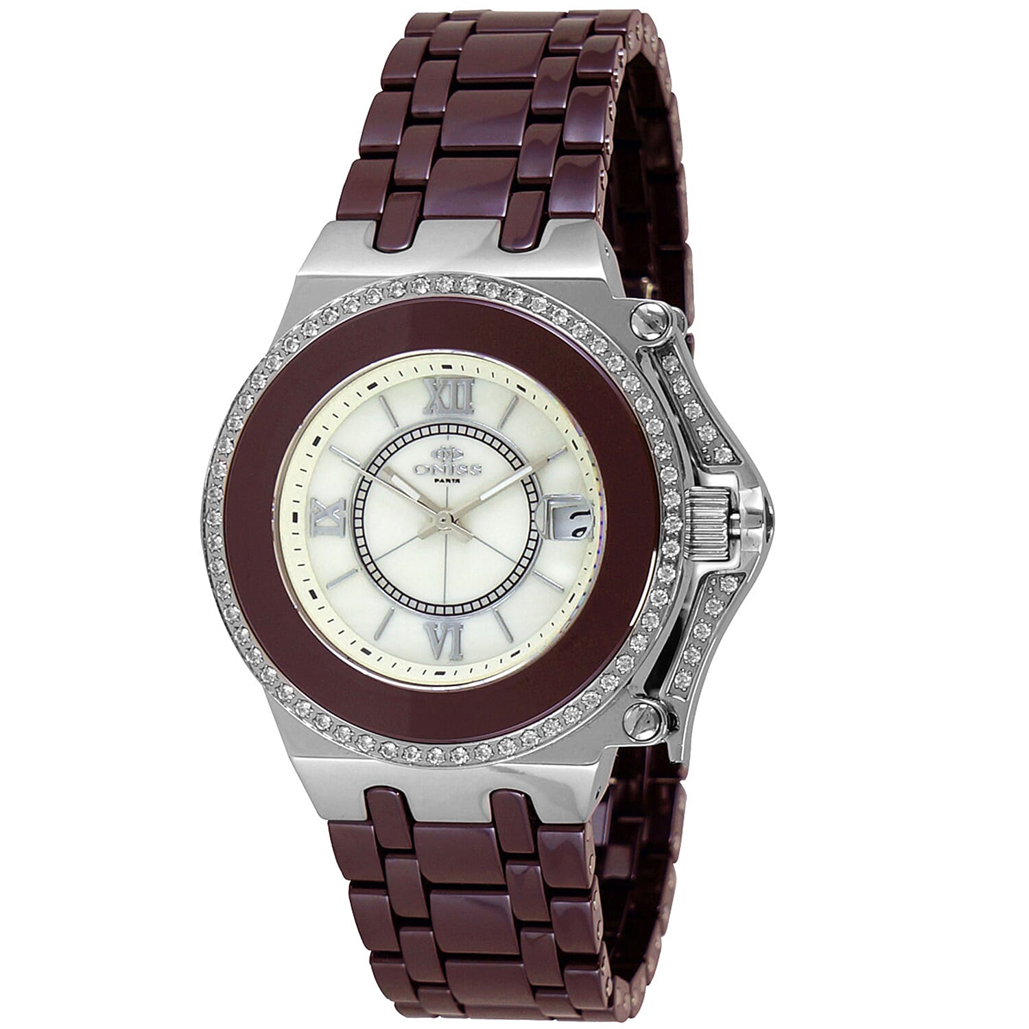 ONISS Austrian Crystal Swiss Movement Shell MOP Dial Watch in Brown Ceramic Strap (38.50 mm)