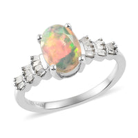 DOORBUSTER Ethiopian Welo Opal, Diamond (0.15 cts) Ring in Platinum Over Sterling Silver 1.00 ctw