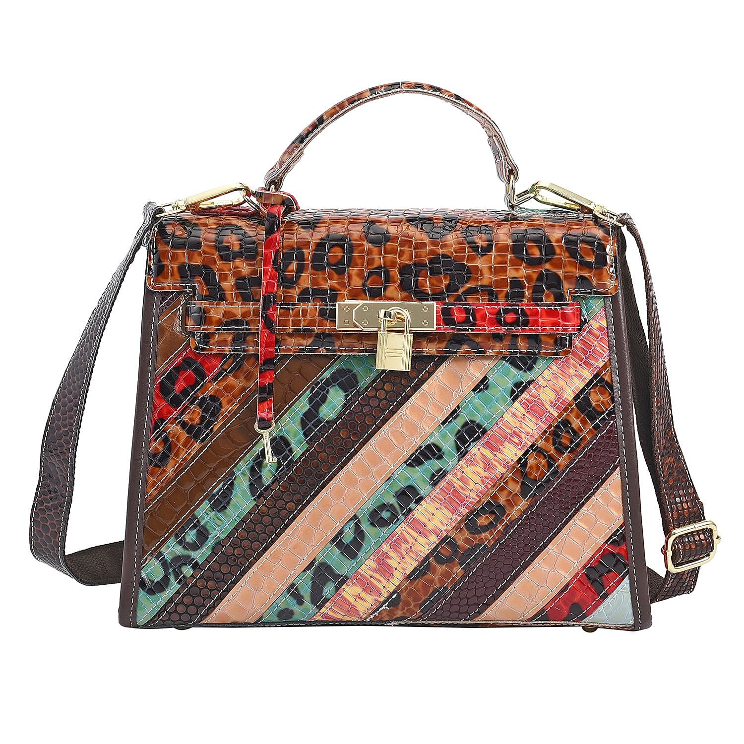 Rainbow Color Stripe Pattern Genuine Leather Satchel Bag (11.81"x5.12"x9.84") with Long Strap
