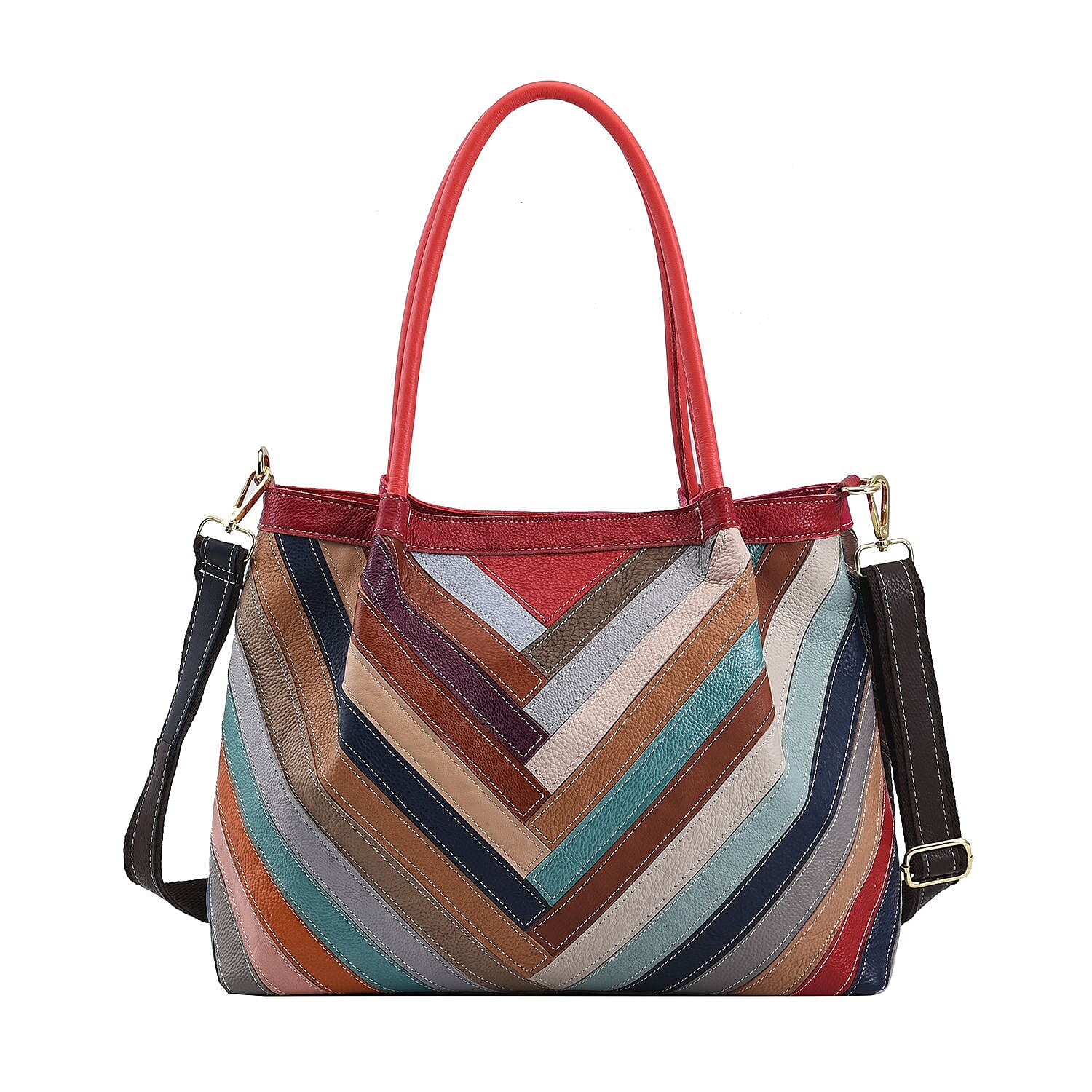 Rainbow Color Chevron Pattern Genuine Leather Tote Bag (14.96"x5.9"x11.81") with Long Strap