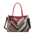 Rainbow Color Chevron Pattern Genuine Leather Tote Bag (14.96"x5.9"x11.81") with Long Strap - Sticky add to cart bar