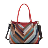 Rainbow Color Chevron Pattern Genuine Leather Tote Bag (14.96"x5.9"x11.81") with Long Strap