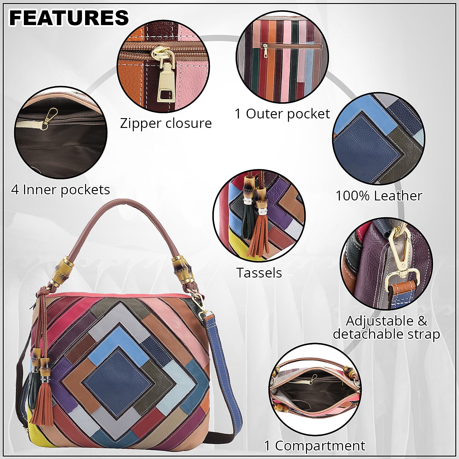 Rainbow Color Genuine Leather Tote Bag (14"x4"x11") with Handle Drop and Detachable Shoulder Strap