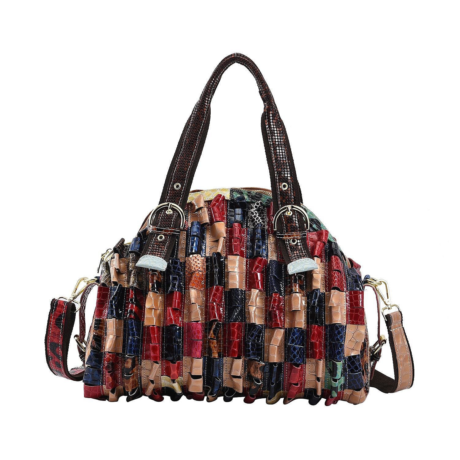 CHAOS Rainbow Color Genuine Leather Stripe & 3D Flower Pattern Convertible Tote Bag (15.75"x8.66"x12.2") with Long Shoulder Strap