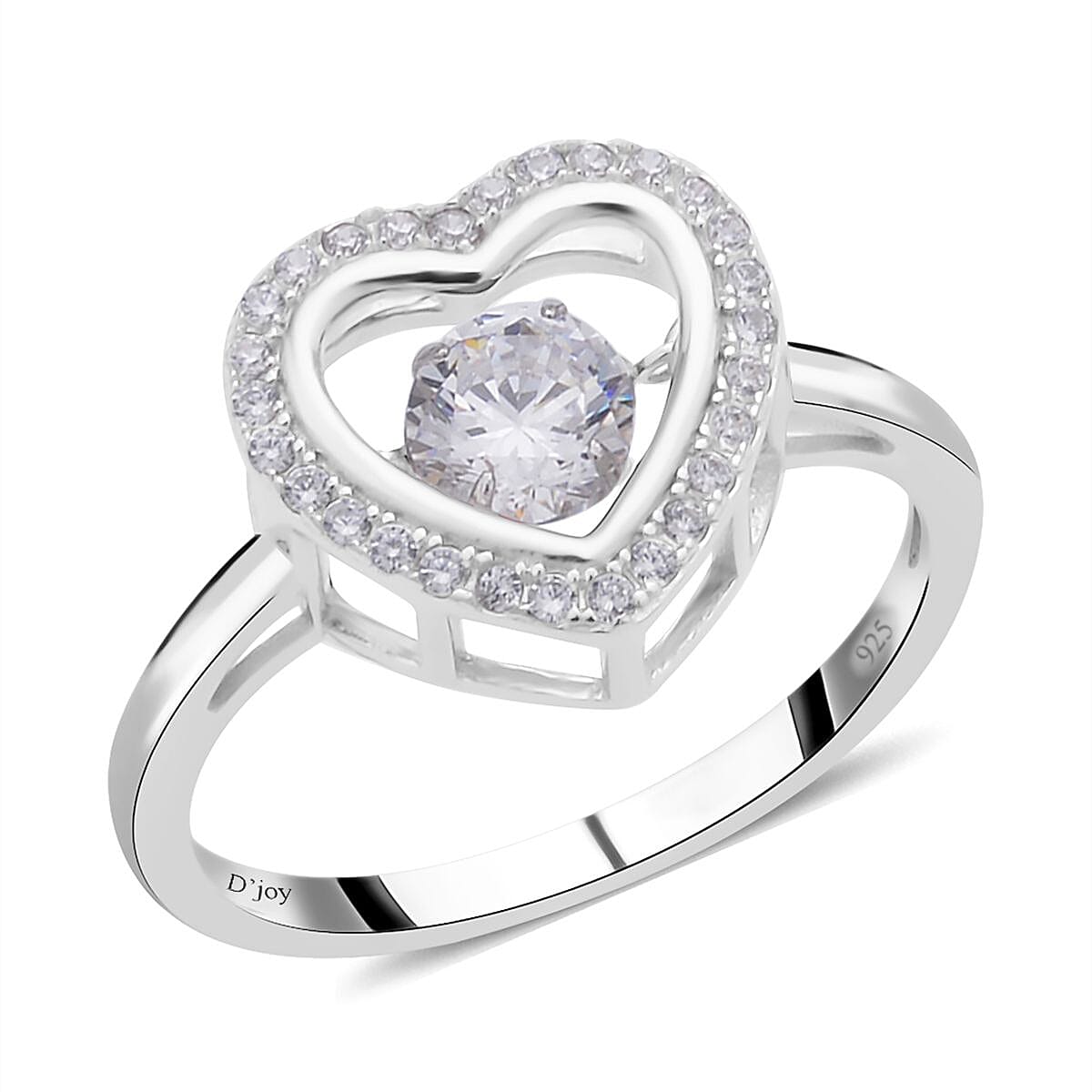 Simulated Diamond Heart Shape Dancing Ring in Rhodium Over Sterling Silver (Size 10.0) 1.00 ctw