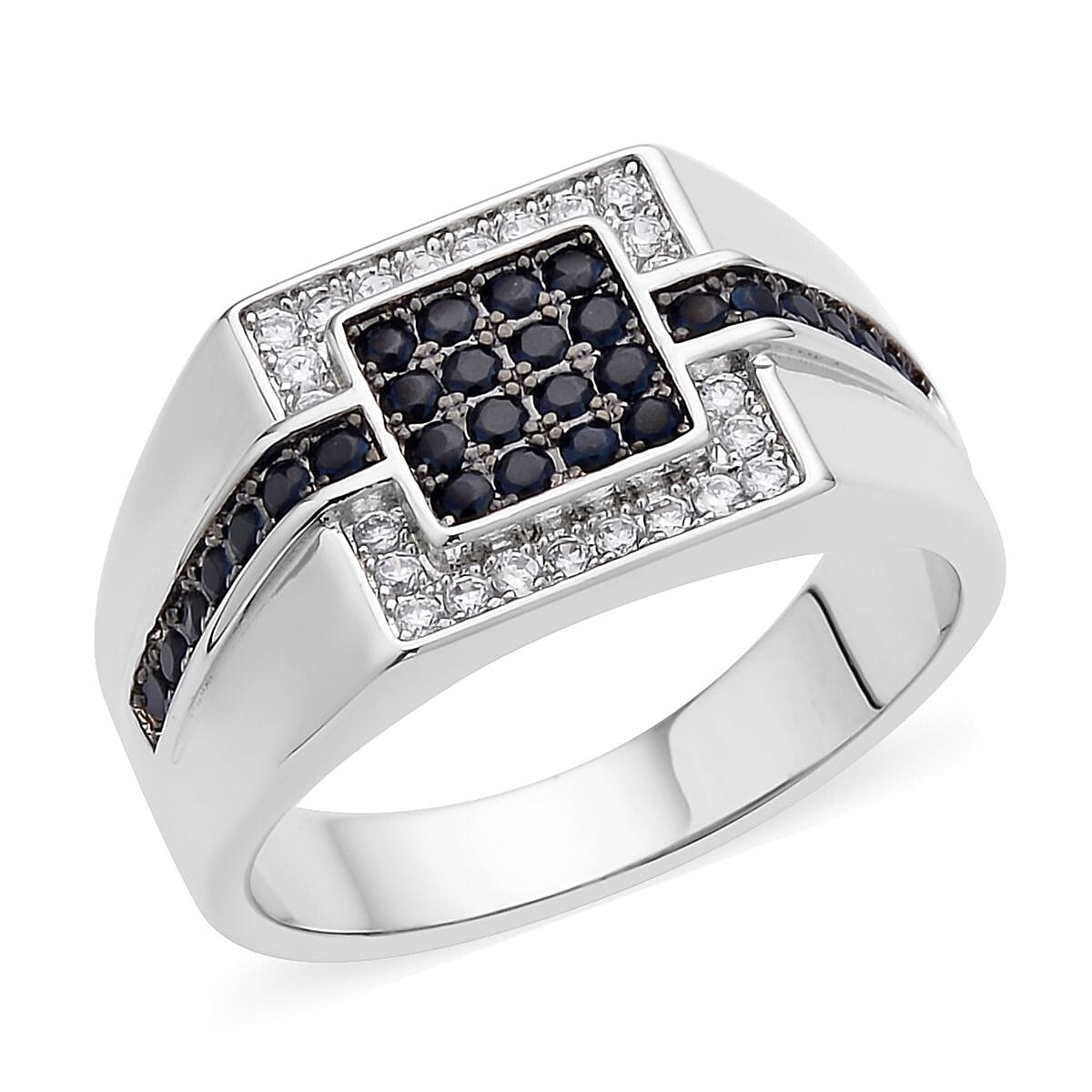 Simulated Black and White Diamond Men's Ring in Silvertone 0.70 ctw