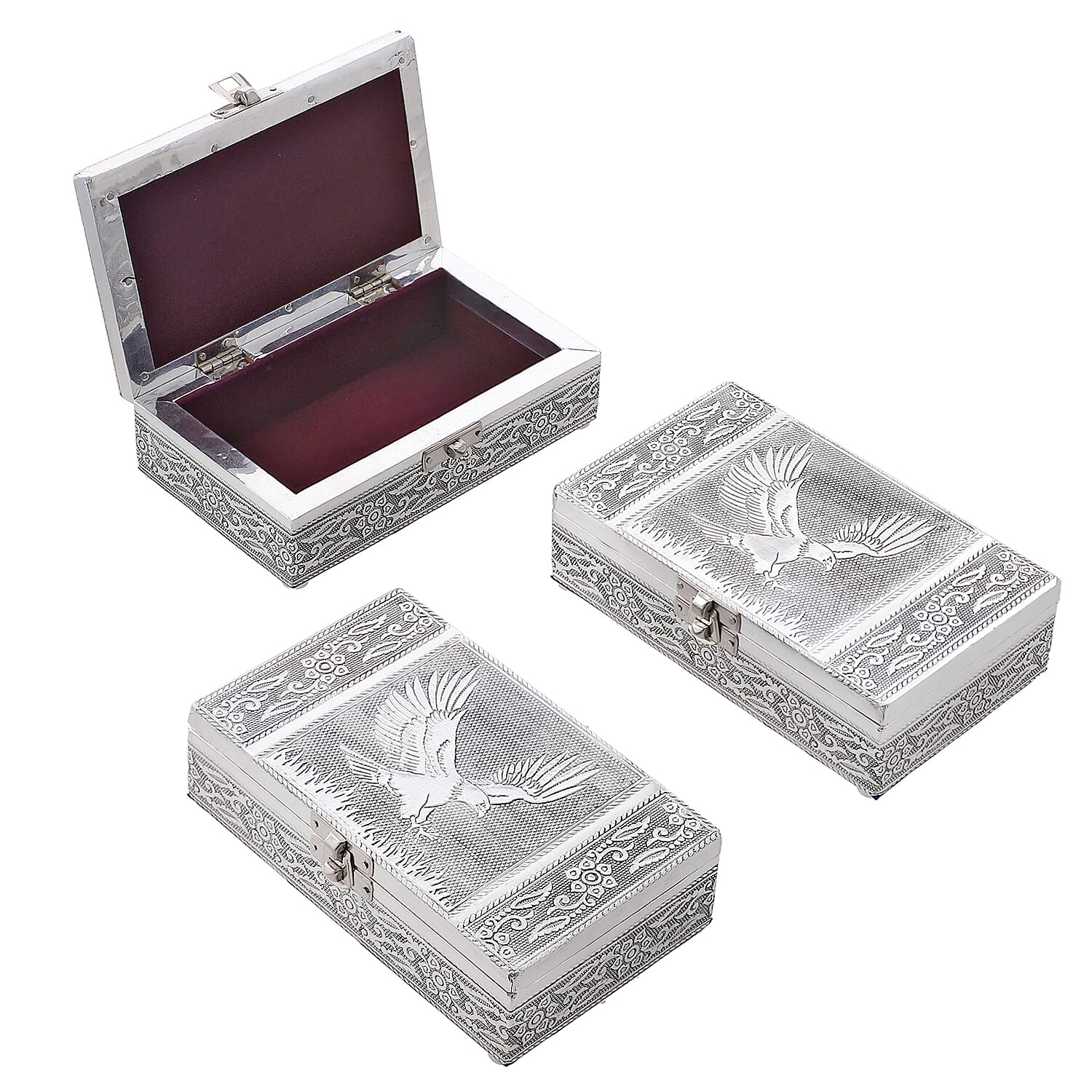 "Set of 3, Eagle Embossed Rectangular Aluminium Oxidized Storage Boxes SIZE: 6.5(L)x4(W)x1.75(H) inches COLOR: Silver"