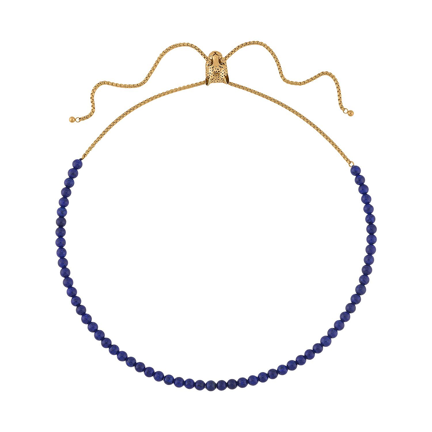 Lapis Lazuli and Neon Green Austrian Crystal Beaded and Lariat Necklace with Tiger Charm 18 Inches in Black Oxidized Stainless Steel 111.50 ctw