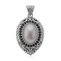 Bali Legacy White Mabe Pearl and Thai Black Spinel Floral Pendant in Sterling Silver 1.00 ctw